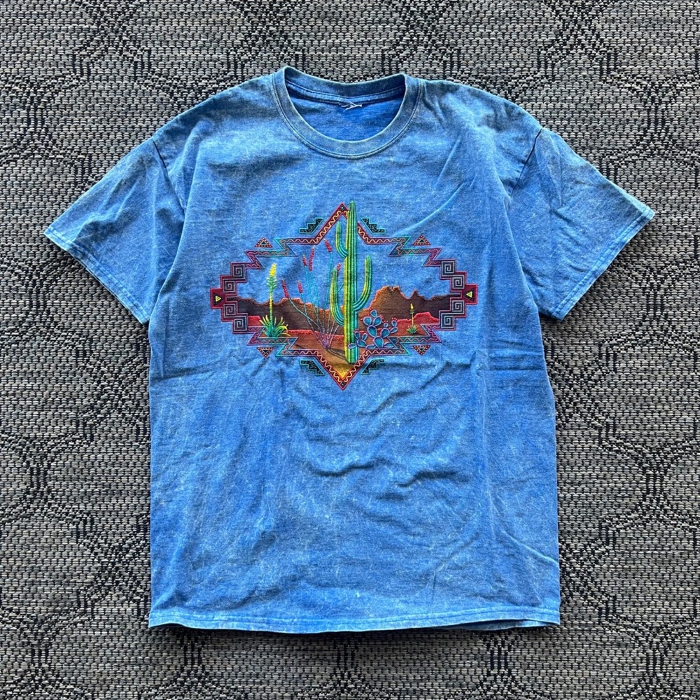 Y2K Desert T‎ Shirt Mens Large Blue Acid Wash Puff Print Cactus Western Arizona